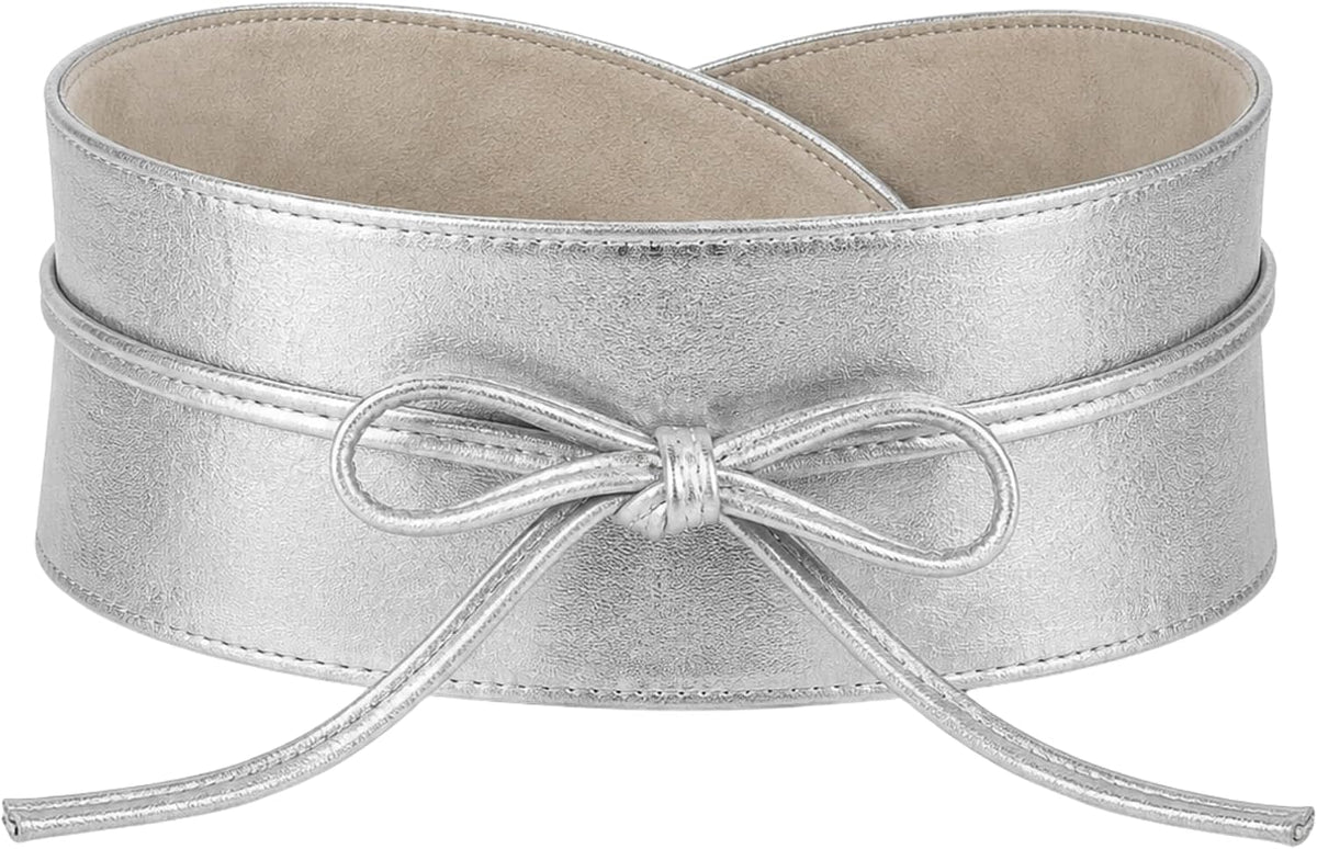 BRISE Obi Bindegürtel Silber Metallic aus Echtleder – breiter Taillengürtel für Damen